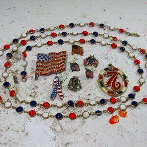Aggressively Patriotic Lot of Jewelry Flag Pins Red White and Blue Necklace Plus